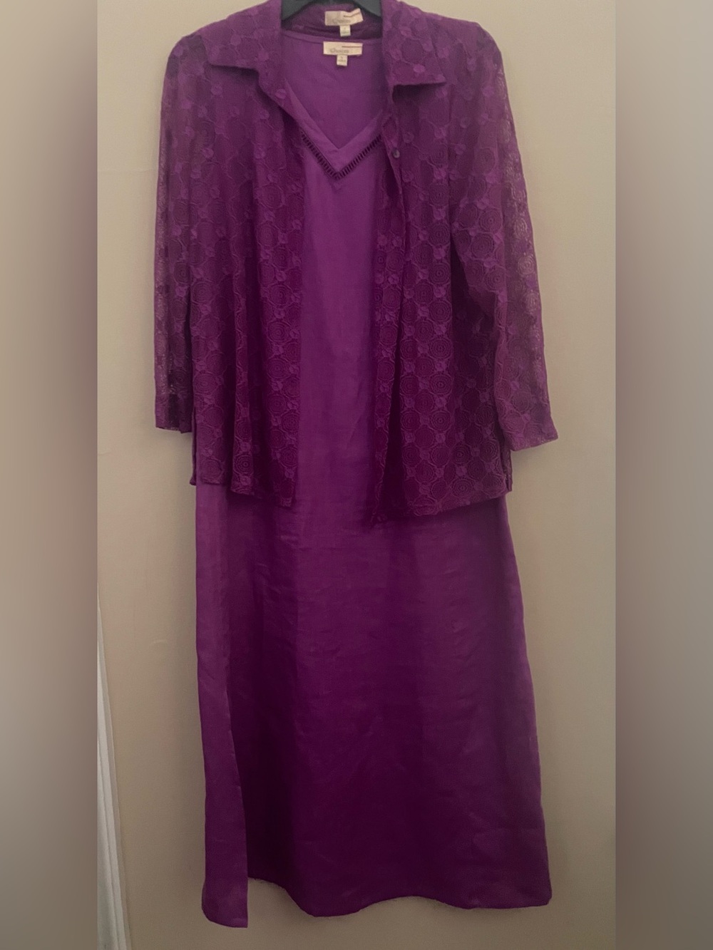 Vintage Choices Purple Linen Two Piece Dress Set Lace Accent Jacket Maxi Dress S